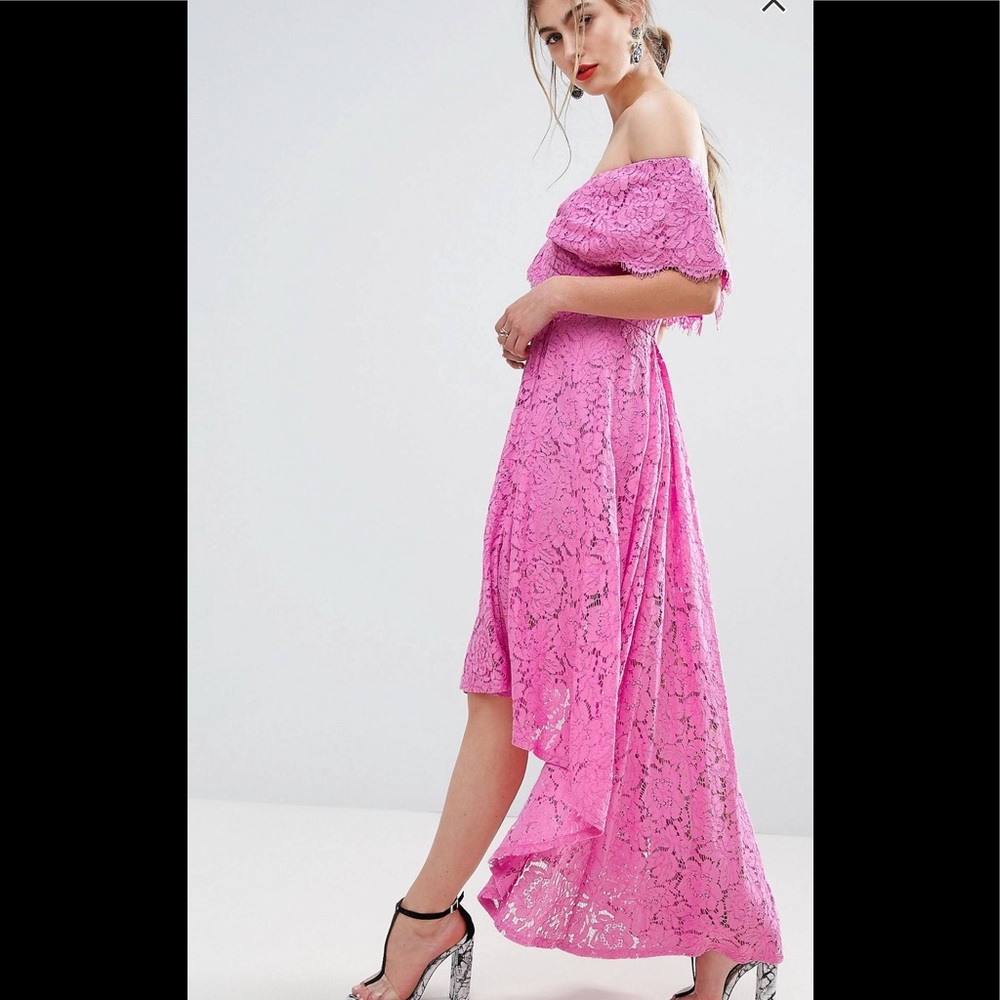 ASOS cross dip Bardot lace dip back midi dress